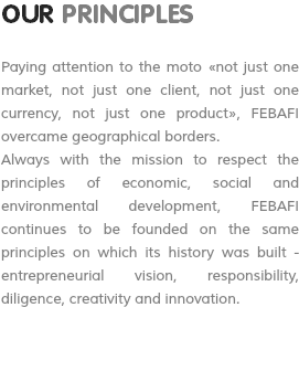 OUR PRINCIPLES Paying attention to the moto «not just one market, not just one client, not just one currency, not just one product», FEBAFI overcame geographical borders. Always with the mission to respect the principles of economic, social and environmental development, FEBAFI continues to be founded on the same principles on which its history was built - entrepreneurial vision, responsibility, diligence, creativity and innovation.