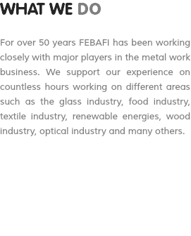 WHAT WE DO For over 50 years FEBAFI has been working closely with major players in the metal work business. We support our experience on countless hours working on different areas such as the glass industry, food industry, textile industry, renewable energies, wood industry, optical industry and many others.